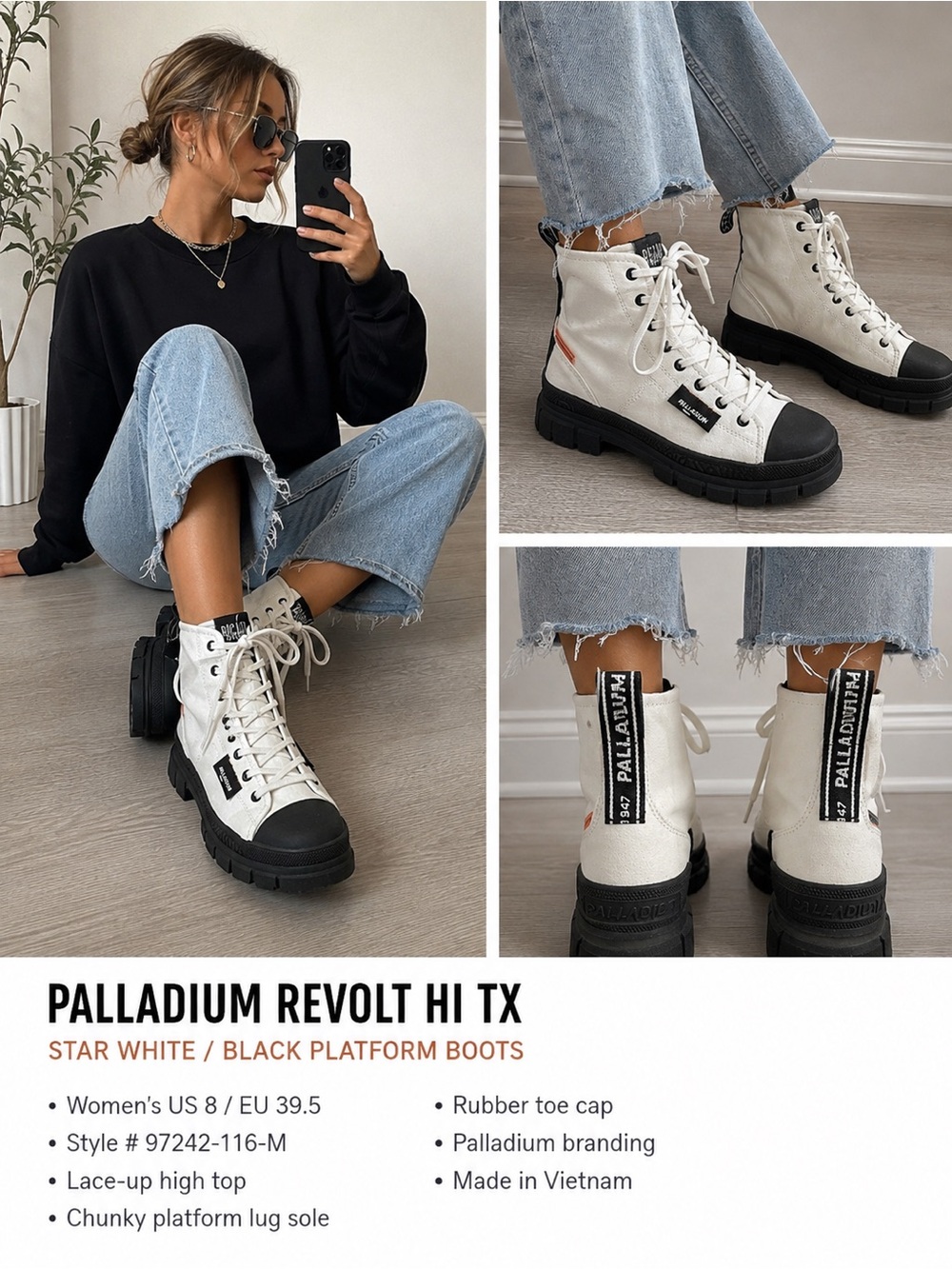 Palladium Revolt Hi TX Platform Combat Boots White Black Sz 8